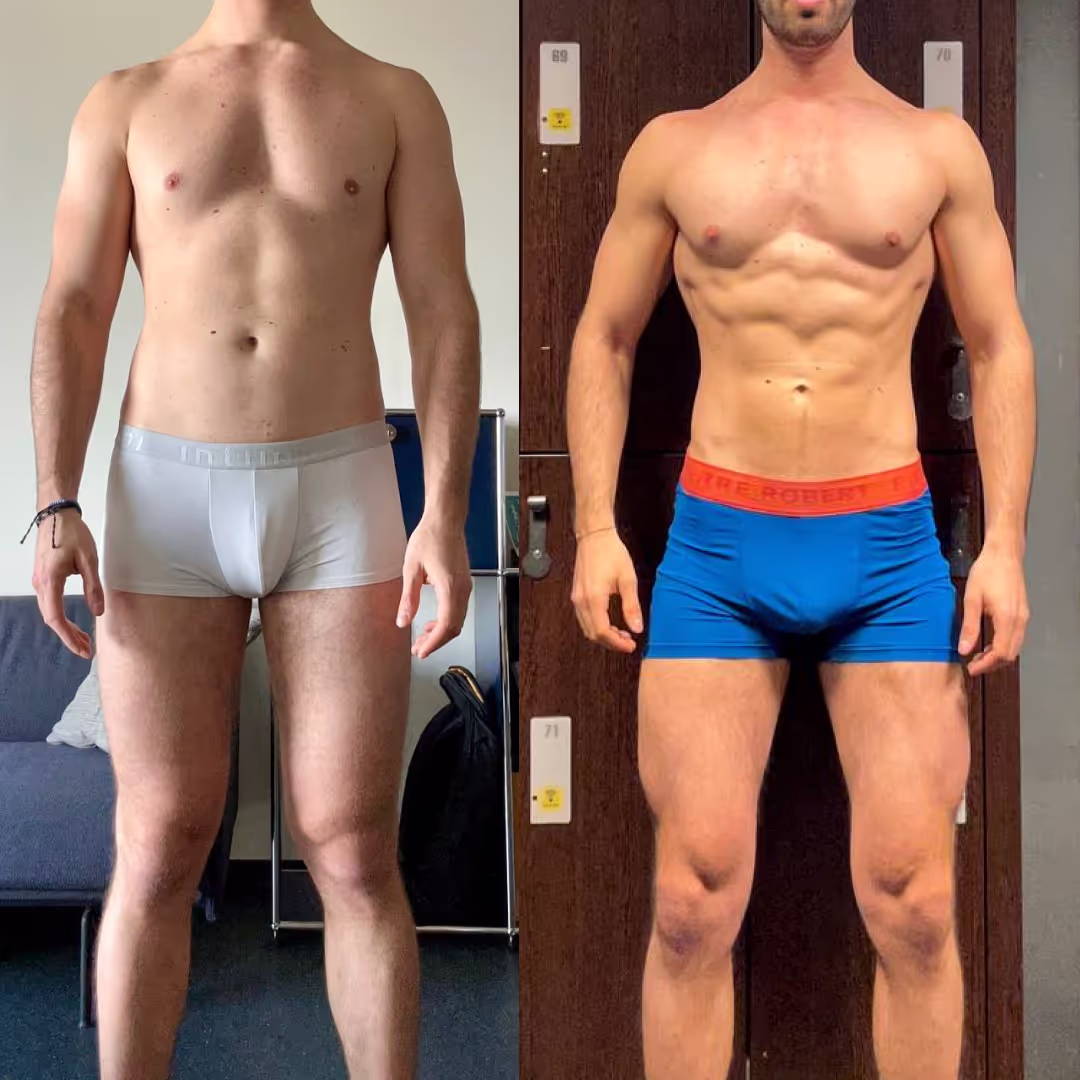 Trasformazione fisico maschile dopo 6 mesi di allenamento personalizzato con Builtdifferent